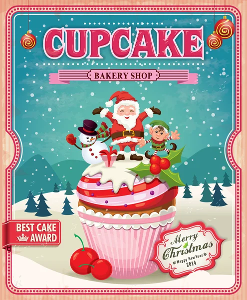 Diseño de póster de cupcake de Navidad vintage con Santa Claus, elfo y muñeco de nieve — Vector de stock