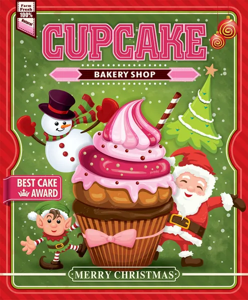 Diseño de póster de cupcake de Navidad vintage con Santa Claus, elfo y muñeco de nieve — Vector de stock