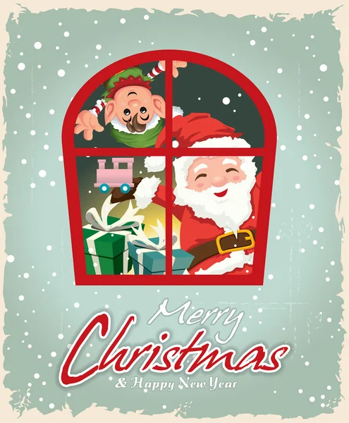 Vintage design poster di Natale con Babbo Natale & ELF — Vettoriale Stock