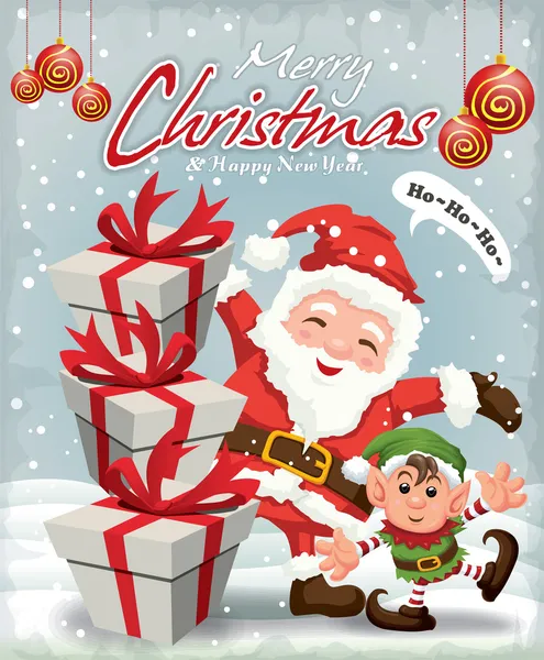 Vintage Christmas poster design with Santa Claus & elf — Stock Vector