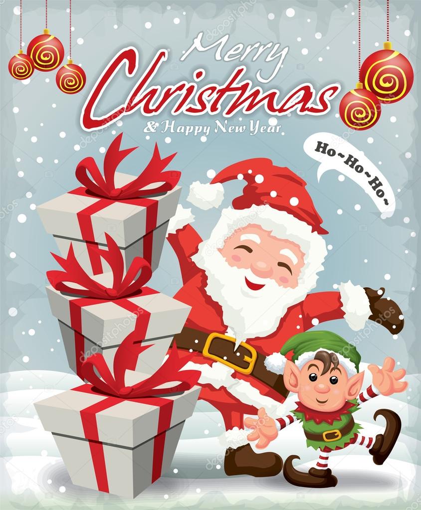 Vintage Christmas poster design with Santa Claus & elf