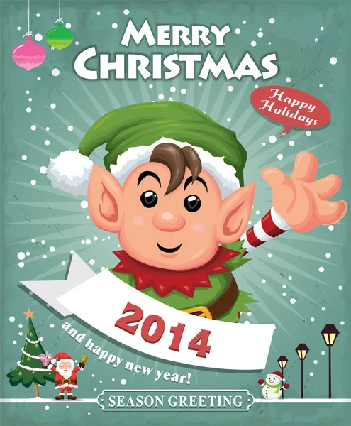 Diseño de póster de Navidad vintage con elfo — Archivo Imágenes Vectoriales
