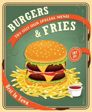 Vintage fast food afiş tasarımı Burger & patates kızartması ile