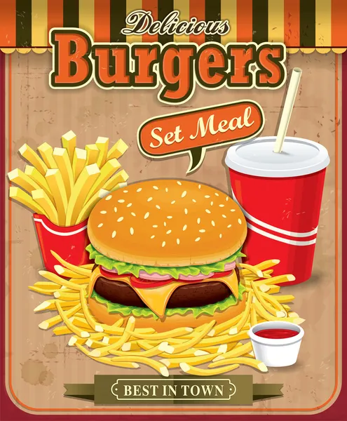 老式的汉堡，薯条和饮料设置海报设计 — 图库矢量图片