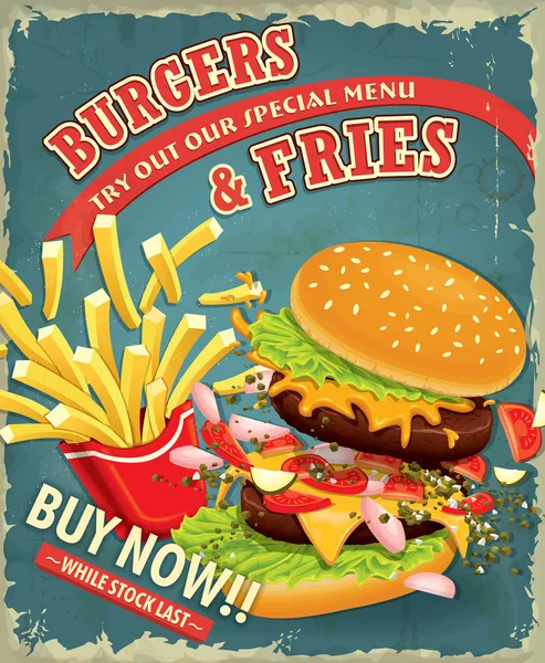 老式汉堡配薯条设置海报设计 图库矢量图片