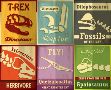 Vintage dinozor Fosili set poster tasarımı
