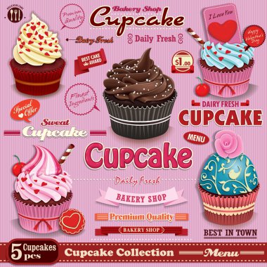 Vintage Cupcake poster set design clipart