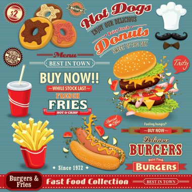 Vintage Fast food poster set design with burgers, fries, drink, donuts