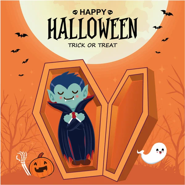 Desain Poster Halloween Kuno Dengan Vektor Vampir Hantu Jack Lantern - Stok Vektor