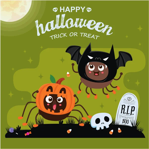 Diseño Póster Halloween Vintage Con Araña Vectorial Murciélago Jack Linterna — Archivo Imágenes Vectoriales