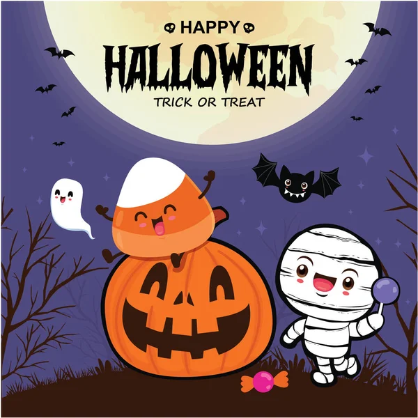 Desain Poster Halloween Kuno Dengan Mumi Vektor Karakter Jack Lantern - Stok Vektor