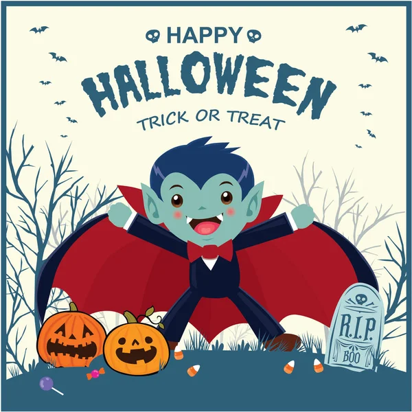 Design Cartaz Halloween Vintage Com Caráter Vampiro Vetorial — Vetor de Stock