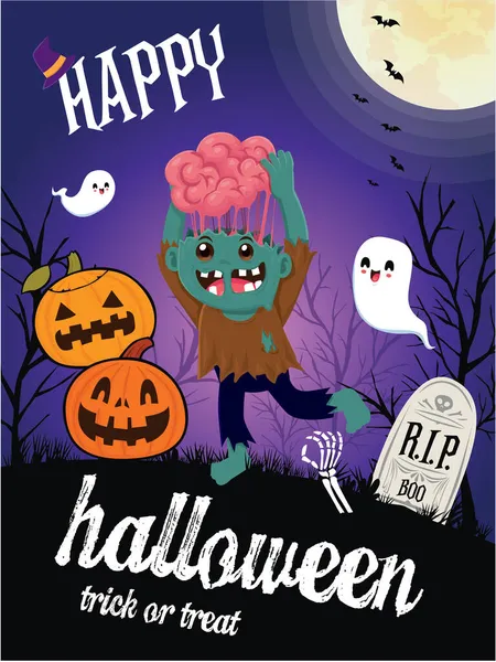 Vintage Diseño Póster Halloween Con Vector Zombie Fantasma Jack Linterna — Archivo Imágenes Vectoriales