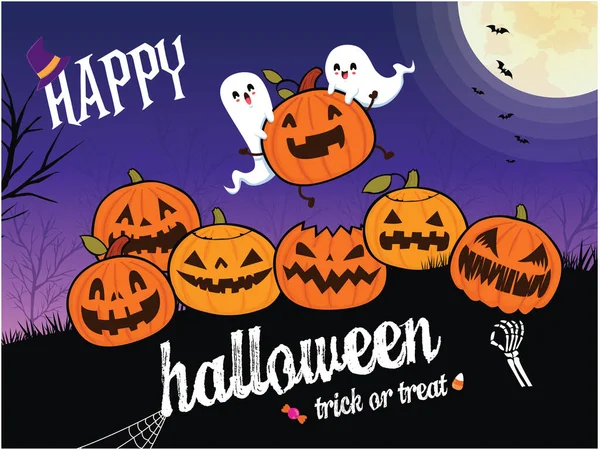 Vintage Halloween Poster Design Avec Sorcière Vectorielle Fantôme Jack Lanterne — Image vectorielle