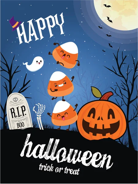 Vintage Halloween Poster Design Vector Witch Ghost Jack Lantern Character — Stock Vector