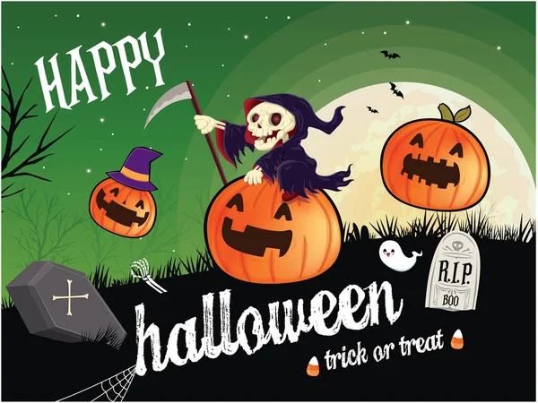 Vintage Halloween Affisch Design Med Vektor Reaper Spöke Jack Lantern — Stock vektor