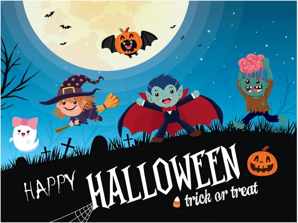 Винтажный Плакат Хэллоуин Векторным Вампиром Летучей Мышью Зомби Париком Героем — стоковый вектор