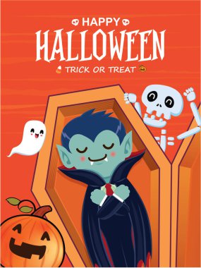 Eski Cadılar Bayramı poster tasarımı vektör vampir, iskelet, jack o fener karakteri. 