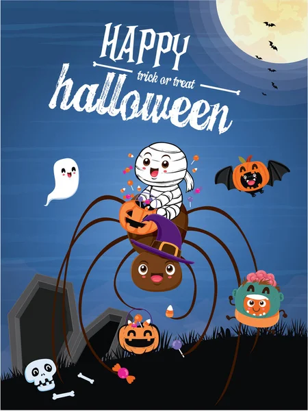 Vintage Halloween Poster Design Con Ragno Vettore Mummia Jack Lanterna — Vettoriale Stock