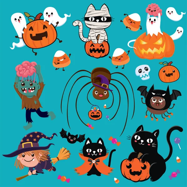 Vintage Halloween Poster Design Avec Vampire Vecteur Chat Sorcière Zombie — Image vectorielle