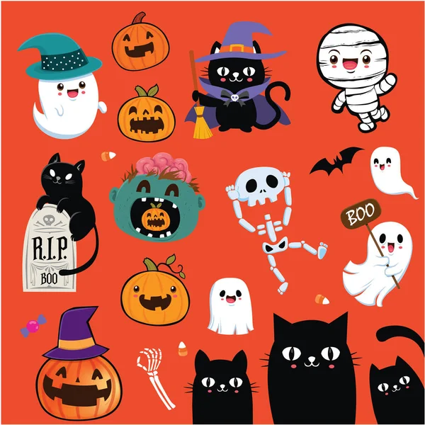 Vintage Halloween Poster Design Avec Vecteur Sorcière Zombie Fantôme Momie — Image vectorielle