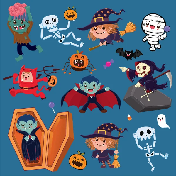 Vintage Halloween Poszter Design Vektor Vámpír Kaszás Csontváz Macska Boszorkány — Stock Vector