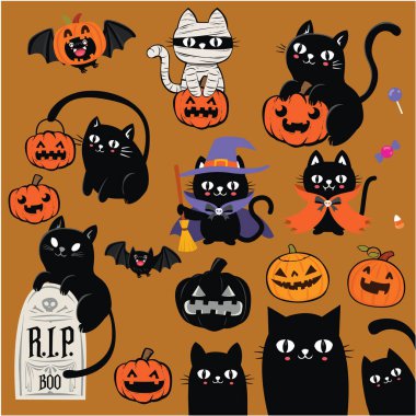 Eski Cadılar Bayramı poster tasarımı vektör vampir, kedi, cadı, mumya, iblis, jack o fener karakteri. 