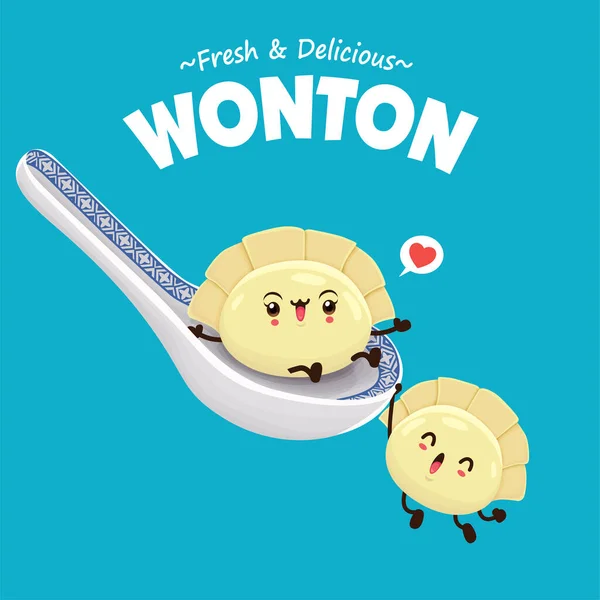 Vintage Jedzenie Plakat Projekt Wonton Charakter Wonton Oznacza Pierogi — Wektor stockowy