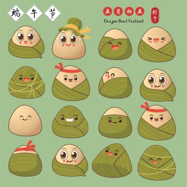 Klasik Çin mantısı çizgi film karakteri. Ejderha teknesi festivali illüstrasyonu. (Başlık: Ejder Gemisi Festivali, 5 Mayıs, hamur tatlısı)