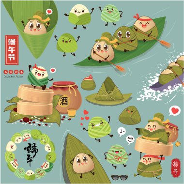 Klasik Çin mantısı çizgi film karakteri. Ejderha teknesi festivali illüstrasyonu. (Başlık: Ejder Gemisi Festivali, 5 Mayıs, hamur tatlısı)