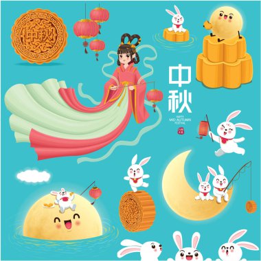 Çin Ay Tanrıçası tavşan karakterli Vintage Mid Autumn Festival poster tasarımı. Çince çeviri: Güz ortası Festivali, Mutlu Sonbahar Festivali, 15 Ağustos.