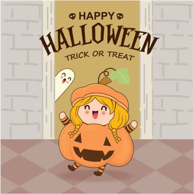 Jack O Lantern karakterinde vektör kızla klasik Cadılar Bayramı poster tasarımı. 