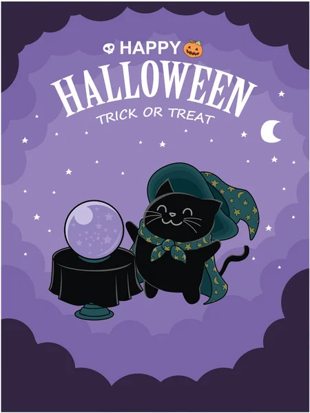 ハロウィンのポスターにビンテージ デザイン ベクトル猫のキャラクター — ストックベクタ