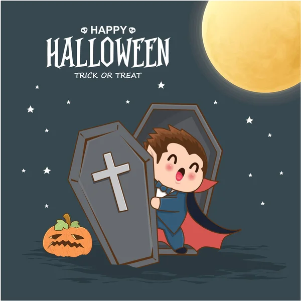 Desain Poster Halloween Kuno Dengan Karakter Vampir Vektor - Stok Vektor