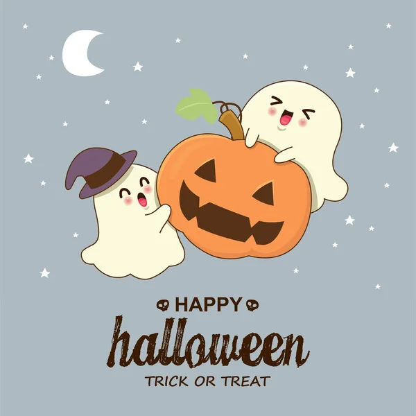 Diseño Póster Halloween Vintage Con Fantasma Vectorial Jack Linterna Carácter — Vector de stock