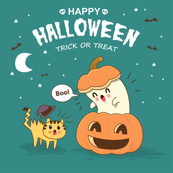 Desain Poster Halloween Kuno Dengan Hantu Vektor Karakter Jack Lantern - Stok Vektor