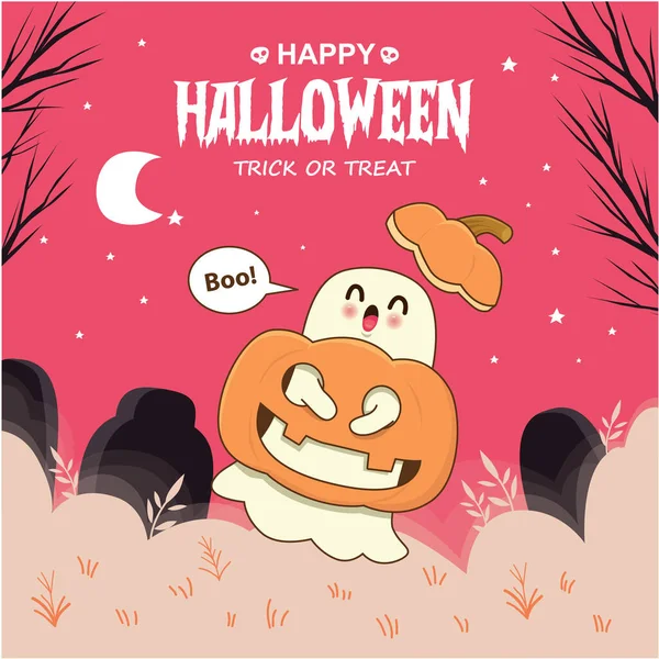 Desain Poster Halloween Kuno Dengan Hantu Vektor Karakter Jack Lantern - Stok Vektor