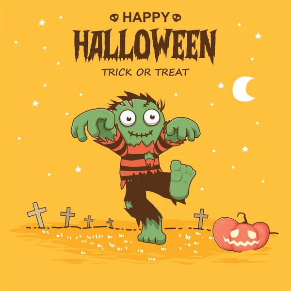 Vintage Halloween Affiche Design Avec Vecteur Zombie Jack Lanterne Personnage — Image vectorielle