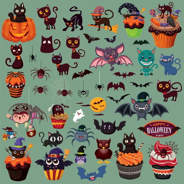 Vintage Halloween Poster Design Avec Batte Vectorielle Araignée Chat Jack — Image vectorielle