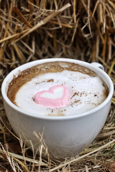 Chocolate quente com coração rosa marshmallow — Fotografia de Stock