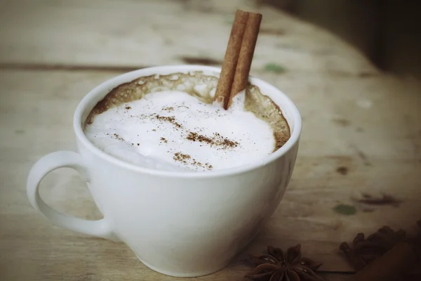 Capuchino caliente con especias palitos de canela y anís estrellado . — Foto de Stock