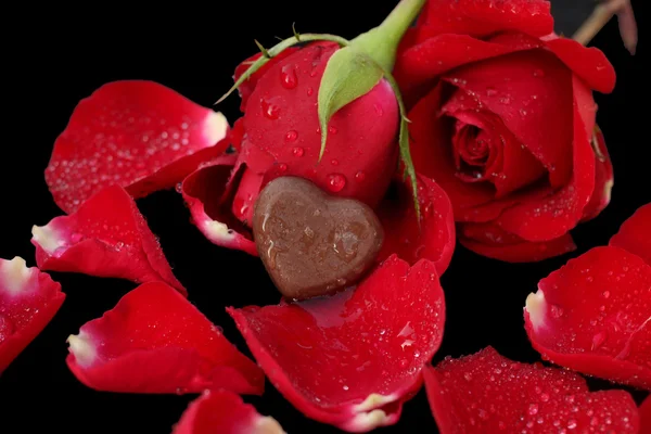 Coração de chocolate e rosa vermelha — Fotografia de Stock