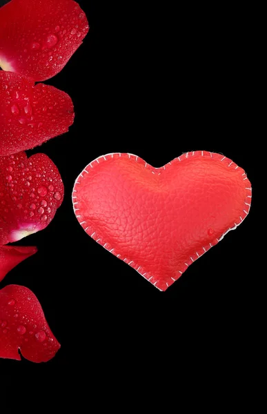 Kožené srdce s červenou růží — Stock fotografie
