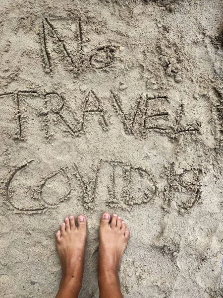 Piede Con Culla Viaggio19 Scritto Sabbia Sulla Spiaggia — Foto Stock