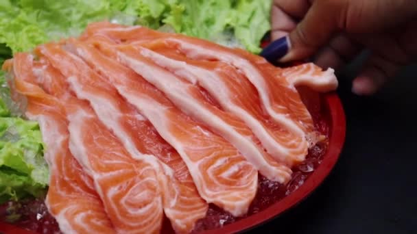 Fresh Raw Salmon Japanese Food 图库视频