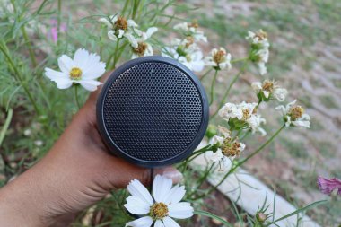 Bluetooth speaker on hand and pink flowers