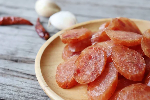 Chinese Sausage Brown Wood Background — Stock Photo, Image