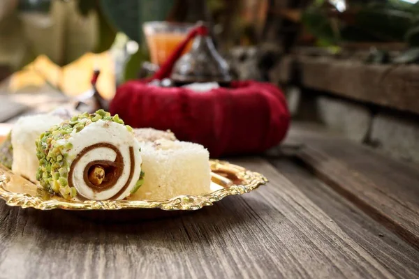 Indian Desserts Sweet Fruit Tea Wood Background — Stock Photo, Image