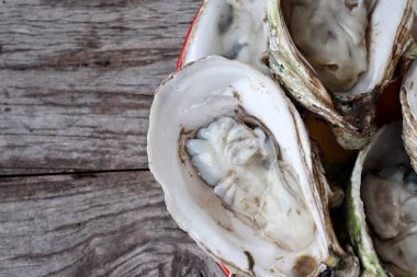 Tahta arka planda taze istiridye ve deniz ürünleri.