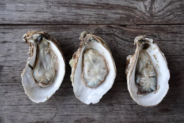 Fresh Oyster Shell Seafood Wood Background — Fotografia de Stock